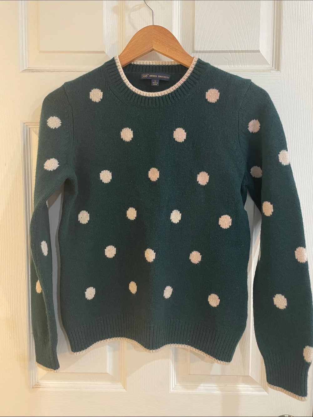 Brooks Brothers Dark Green Wool Crewneck Sweater with Cream Polka Dots